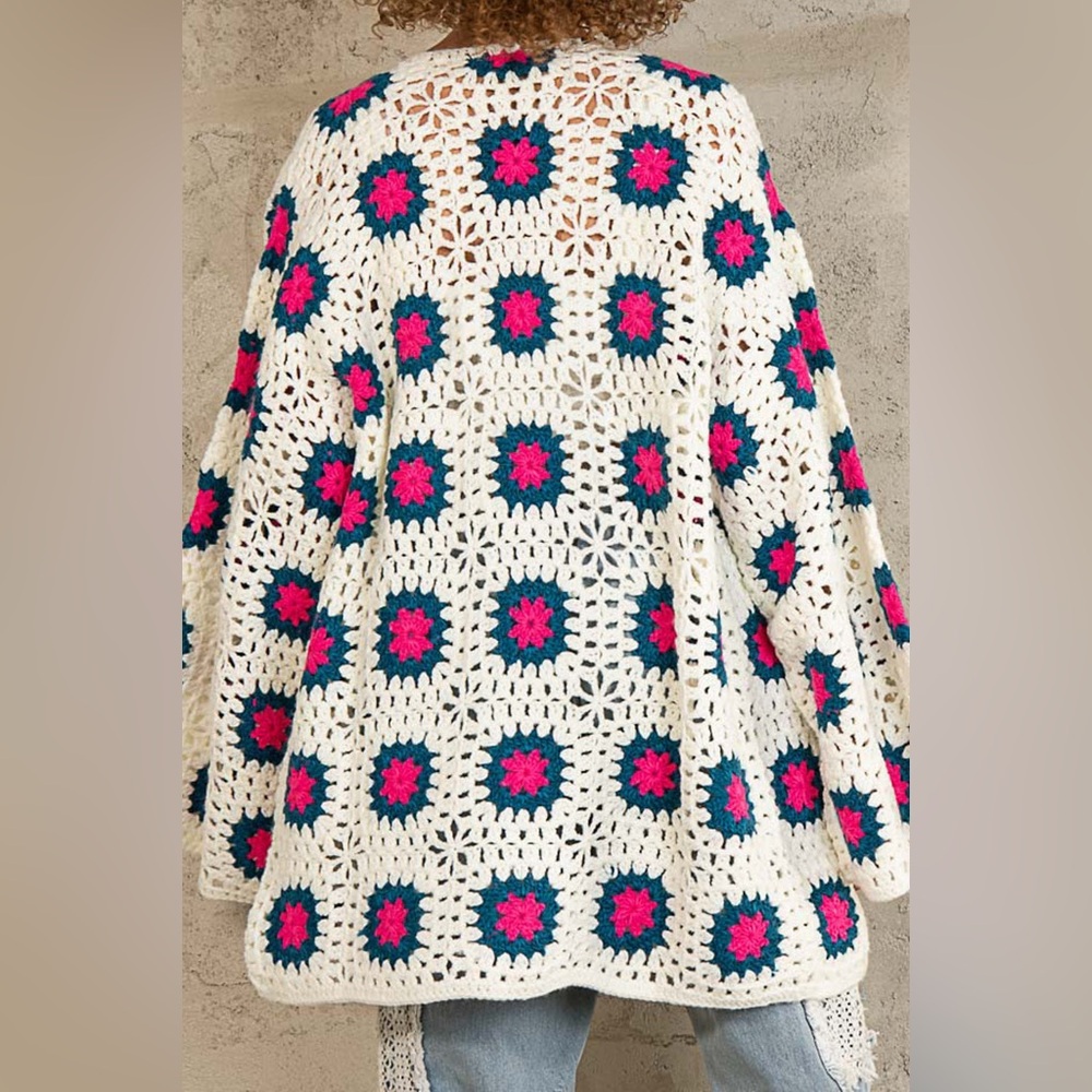 POL Crochet Open-Front Poncho Cardigan in White, Pink & Teal - Picture 2 of 2